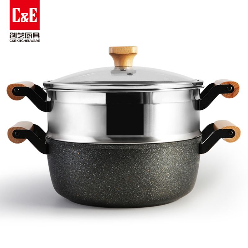C&E Creative Cast Aluminum Steamer, 304 stainless steel steamer drawer, double-layer double-bottom multi-functional pot, large capacity, kitchenware for home use