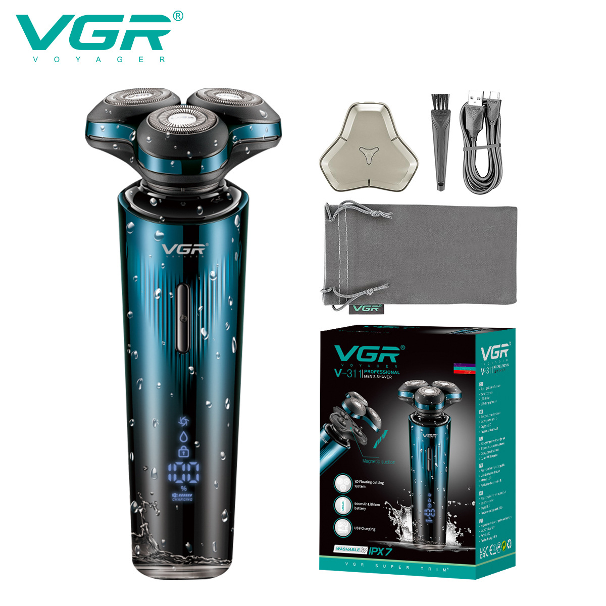 VGR311 Cross-border New Razor 3D Floating Three-day Rotating intelligent display Men's waterproof Electric shaver
