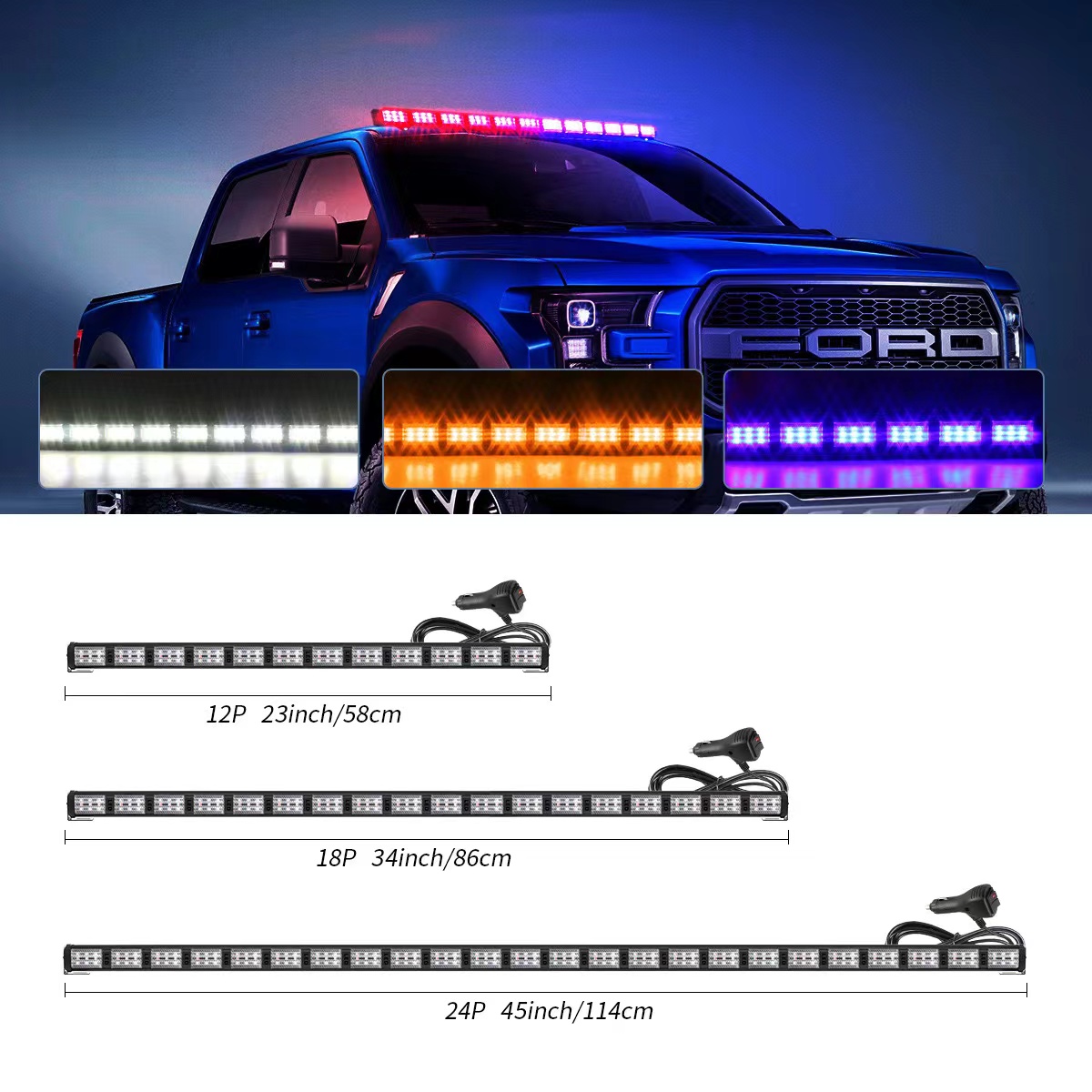 Automotive LED bumper lights, multi-functional color-changing warning lights, magnetic strobe flashing lights, stroboscopic lane lights, rescue vehicle roof lights Specification image