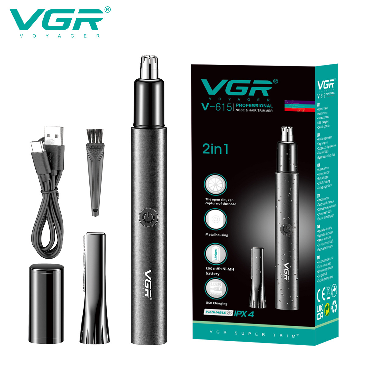 VGR615 Professional Nasal Hair Shaving and Trimming Tool, waterproof portable 2-in-1 set, home electric charging razor