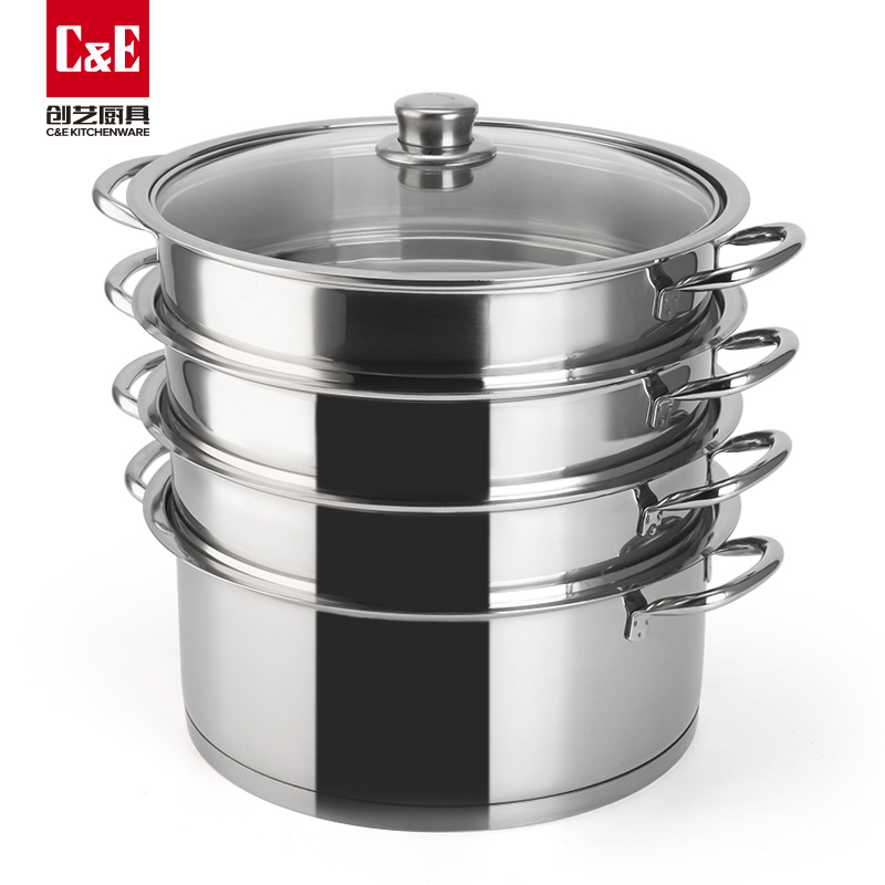 C&E Creative Steamer 304 stainless steel, top steaming and bottom boiling, four-layer double-bottom multi-functional pot, large-capacity kitchenware, household steamed buns steamer details Picture