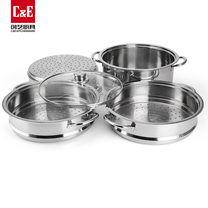 C&E Creative Steamer 304 stainless steel, top steaming and bottom boiling, four-layer double-bottom multi-functional pot, large-capacity kitchenware, household steamed buns steamer Specification image