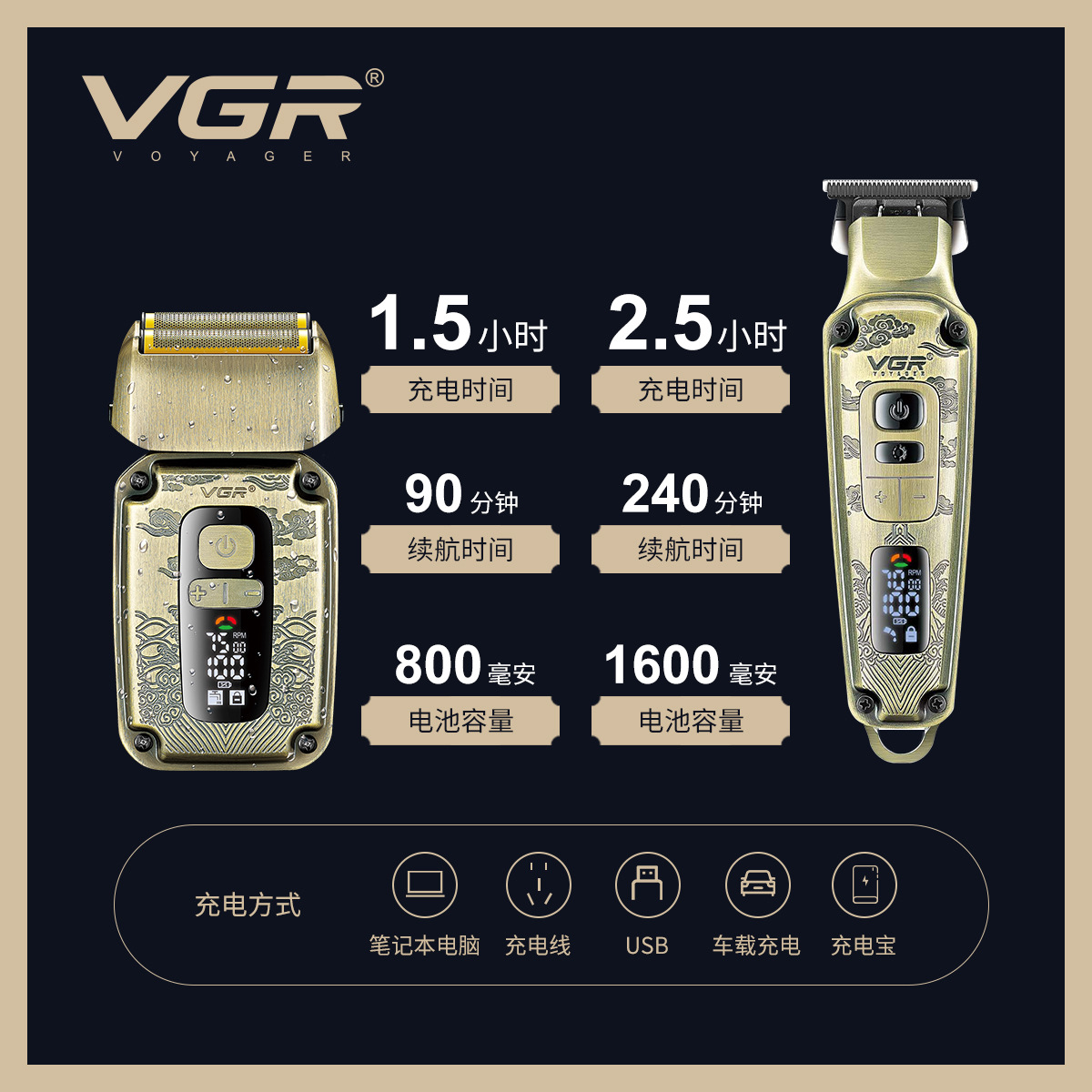 VGR641 Cross-border Hair Clipper, oil head engraving, hair salon push, white head Whitening Device, digital display razor Care set Application Scenario