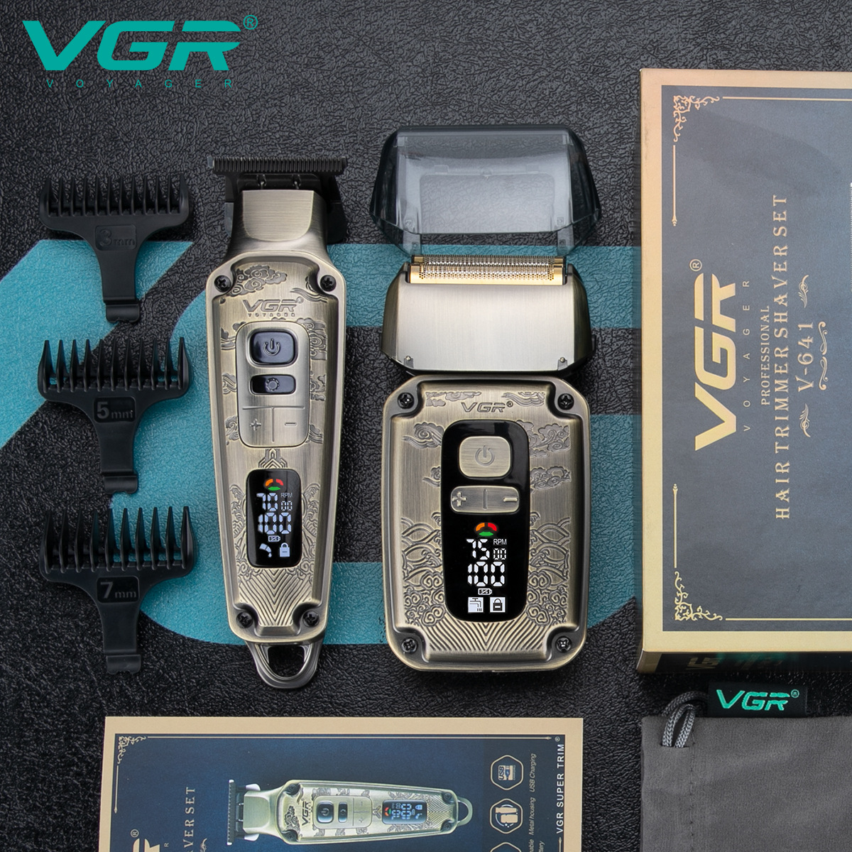 VGR641 Cross-border Hair Clipper, oil head engraving, hair salon push, white head Whitening Device, digital display razor Care set details Picture