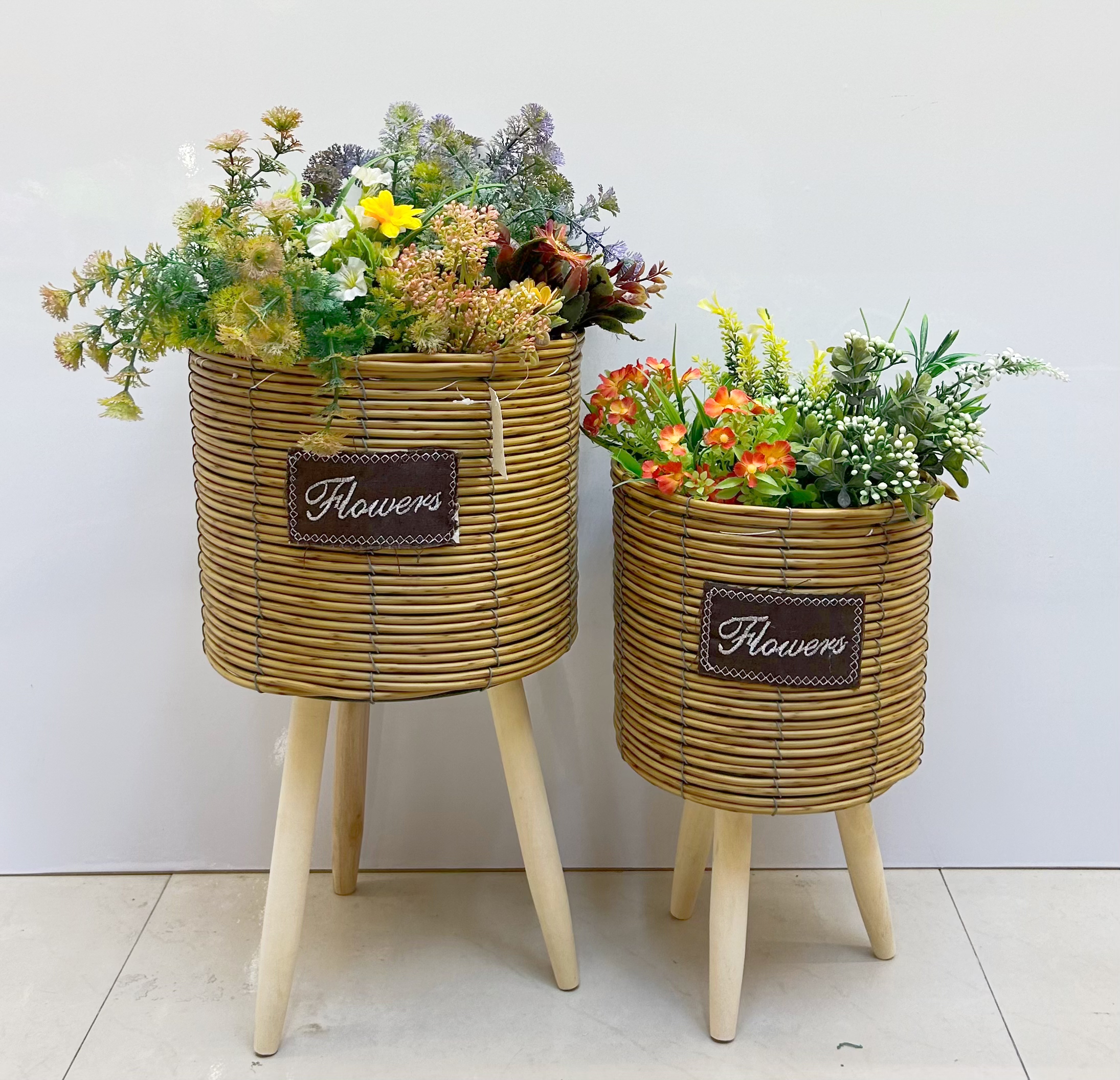 北欧风格创意纯手工编制花篮木质腿高花架落地式室内室外装饰绿萝园艺盆栽