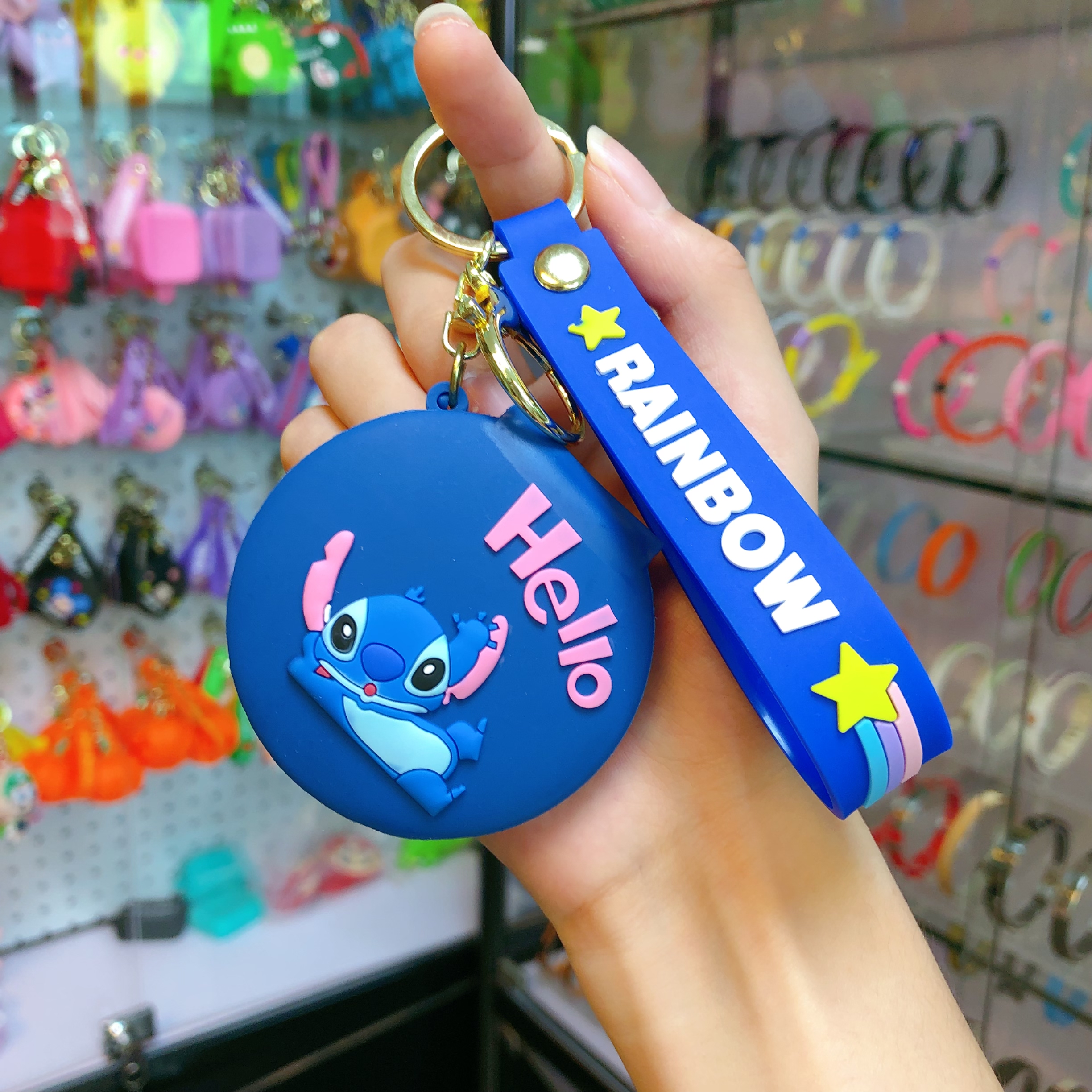 Wholesale of cute cartoon silicone Stitch keychains, convenient makeup mirrors for girls, couple pendants and small gifts Item Picture