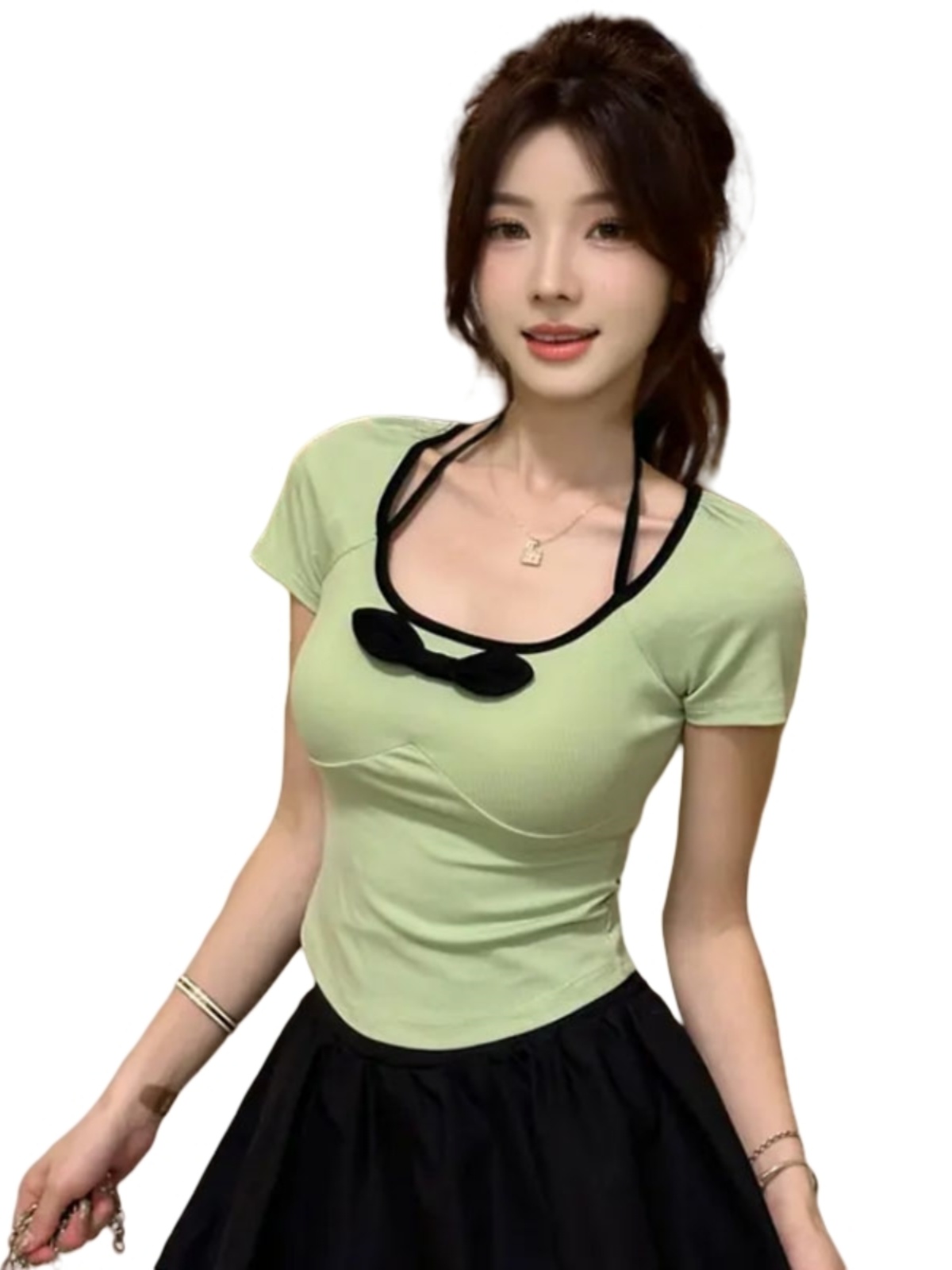 A T-shirt with a chest pad, a pure bow U-neck, and a sexy collarbone exposure. It's a summer hot girl short-sleeved top and a short base layer Item Picture