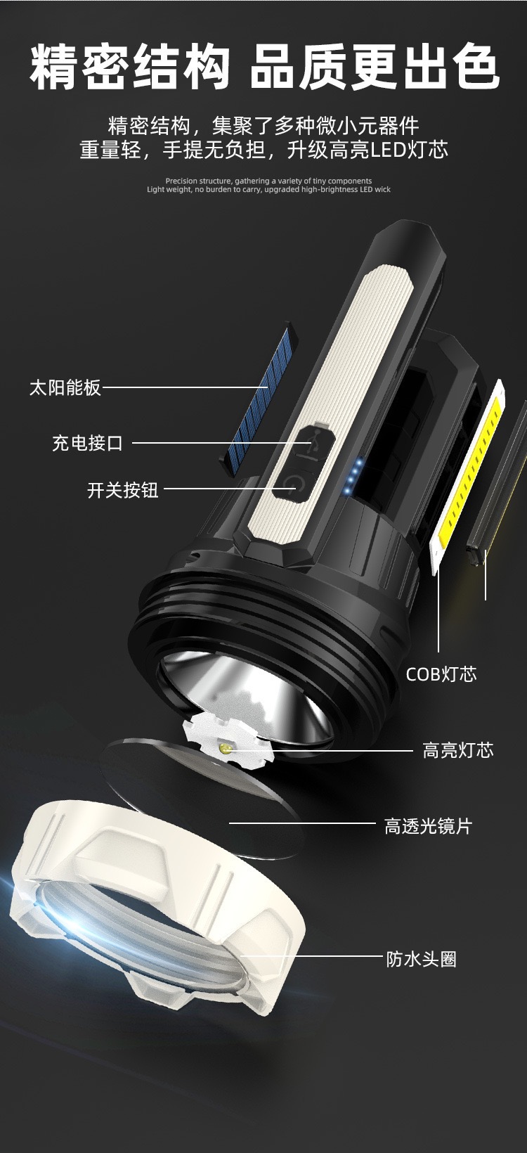 户外太阳能手提灯便携式野营灯LED多功能应急探照灯强光手电筒太阳能充电手电筒户外巡逻钓鱼应急灯家用应急手电筒详情2