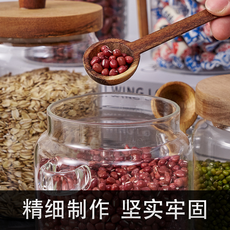 Wood lid moisture-proof sealed jar Acacia lid with wooden spoon grain storage jar Seasoning jar Glass storage jar
