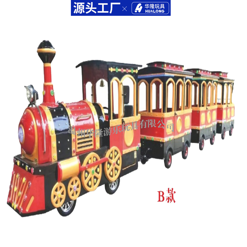 Square electric shopping mall trolley rider squad sightseeing can take people small train amusement equipment luxury trolley battery small train Hualong play toy manufacturers direct sales details Picture