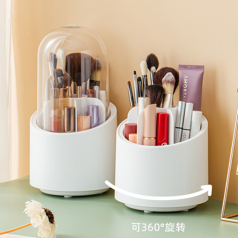 Large-capacity 360-degree rotating makeup brush storage bucket, dressing table, eyebrow pencil, eyeshadow brush, dust-proof covered pen holder storage box Application Scenario