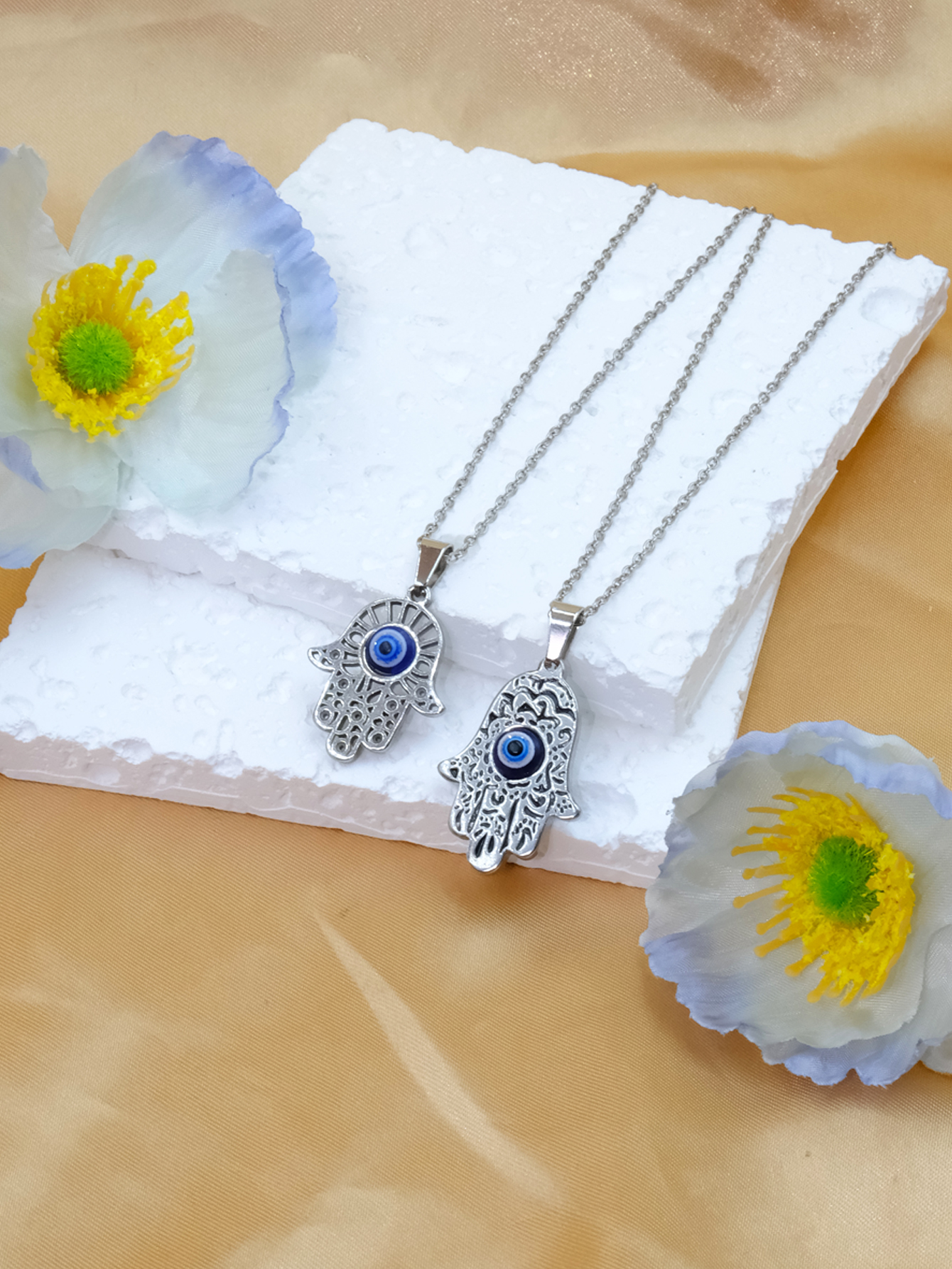 亚马逊多款钢色金色蓝色土耳其眼睛手掌滴油项链恶魔之眼项饰吊坠细节图