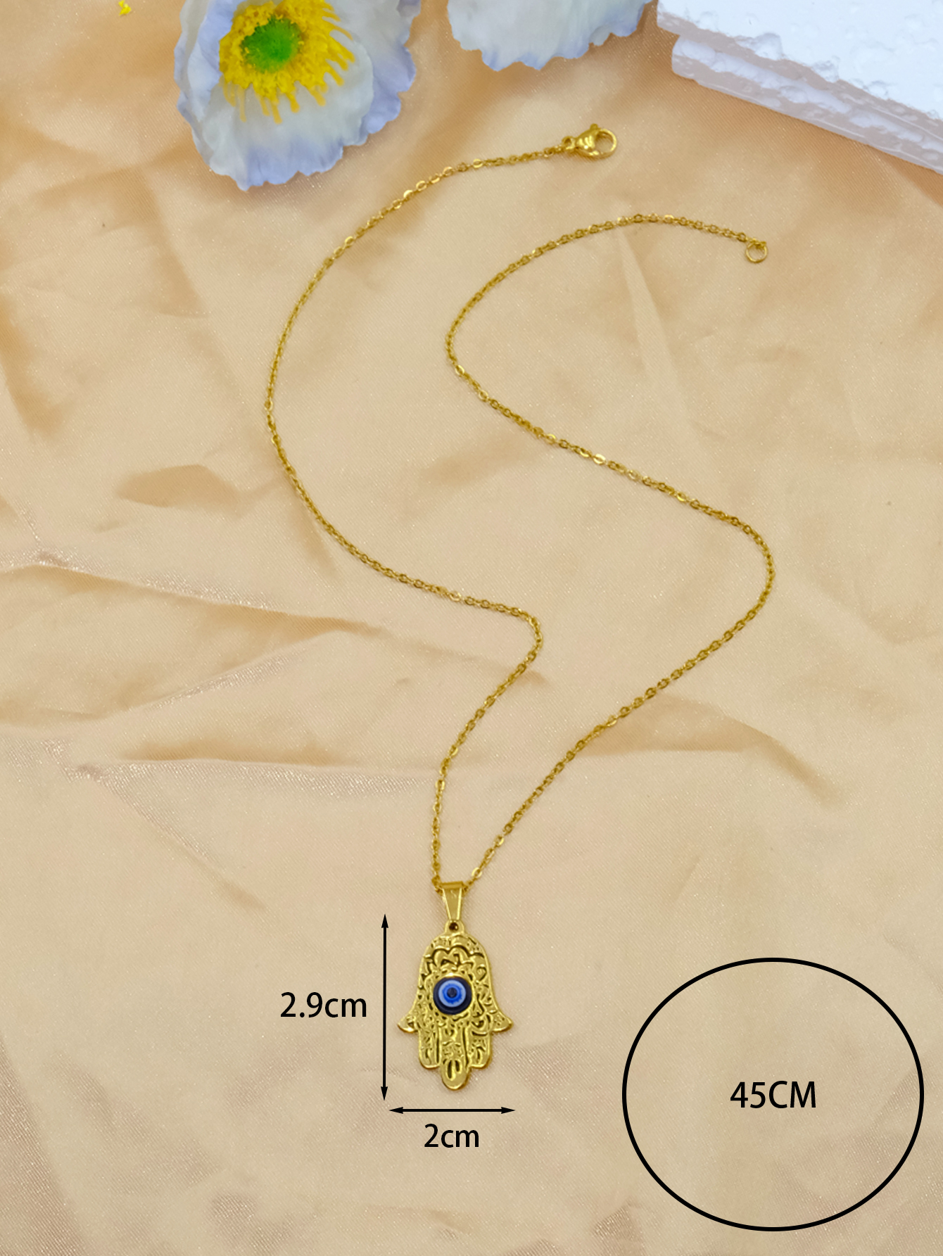 亚马逊多款钢色金色蓝色土耳其眼睛手掌滴油项链恶魔之眼项饰吊坠白底实物图