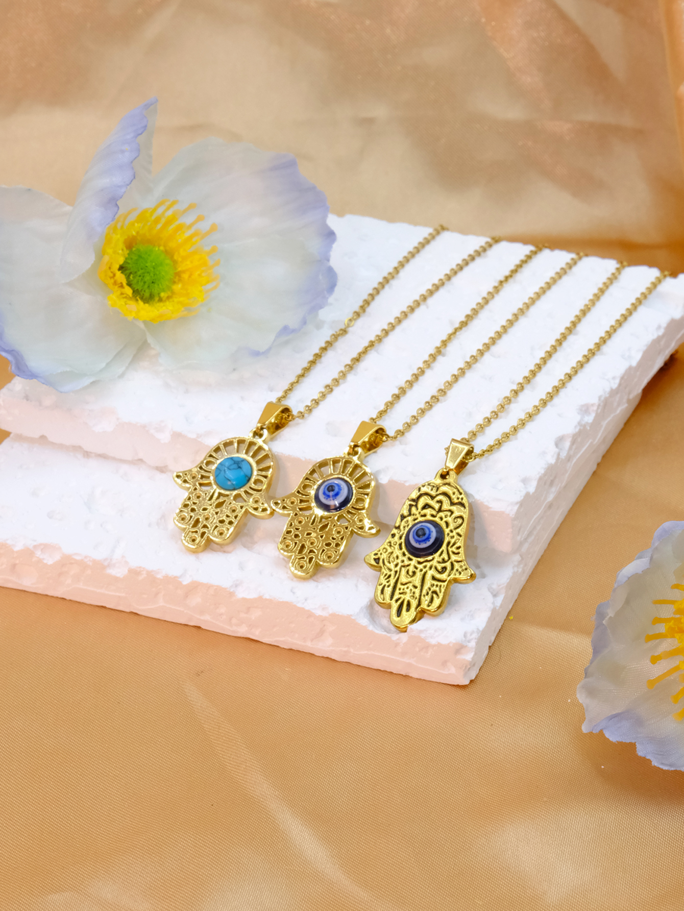 亚马逊多款钢色金色蓝色土耳其眼睛手掌滴油项链恶魔之眼项饰吊坠产品图