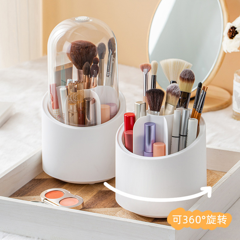 Large-capacity 360-degree rotating makeup brush storage bucket, dressing table, eyebrow pencil, eyeshadow brush, dust-proof covered pen holder storage box