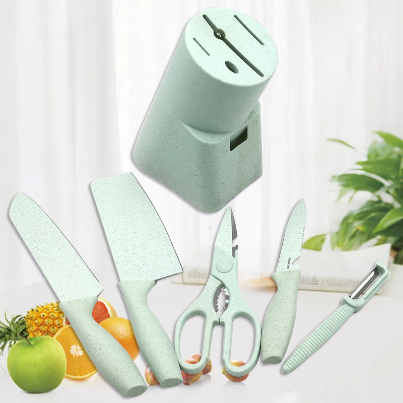 Available wheat straw knife set of 6 pieces, stainless steel knife holder, non-stick paint, baby food knife, kitchen knife