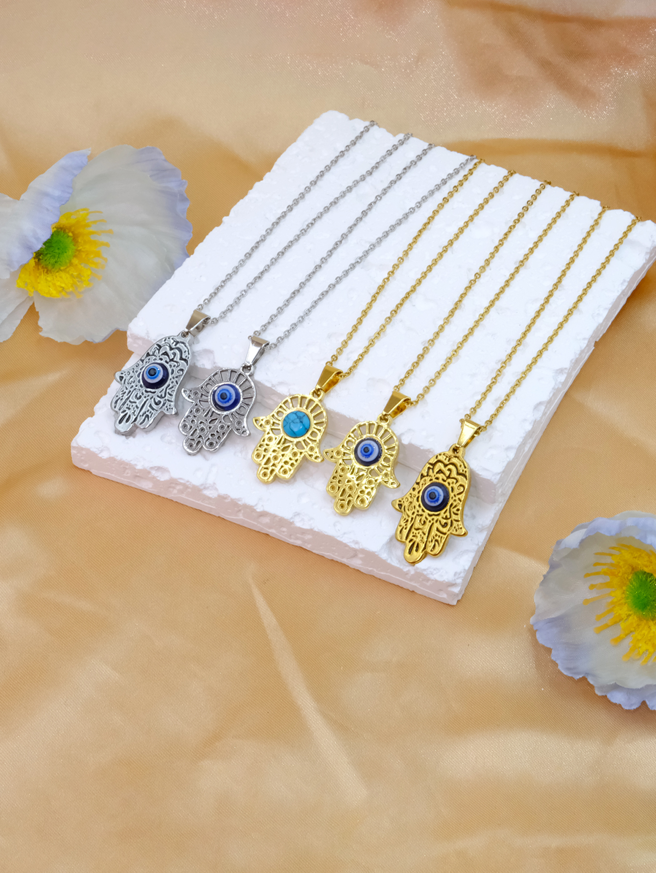 亚马逊多款钢色金色蓝色土耳其眼睛手掌滴油项链恶魔之眼项饰吊坠