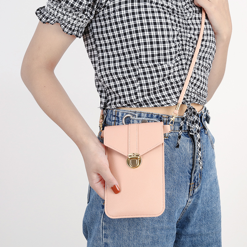 Women's trendy lock-lock crossbody pu leather touch screen mobile phone wallet, women's retro student buckle small wallet details Picture