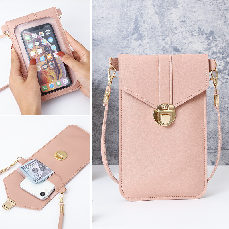 Women's trendy lock-lock crossbody pu leather touch screen mobile phone wallet, women's retro student buckle small wallet