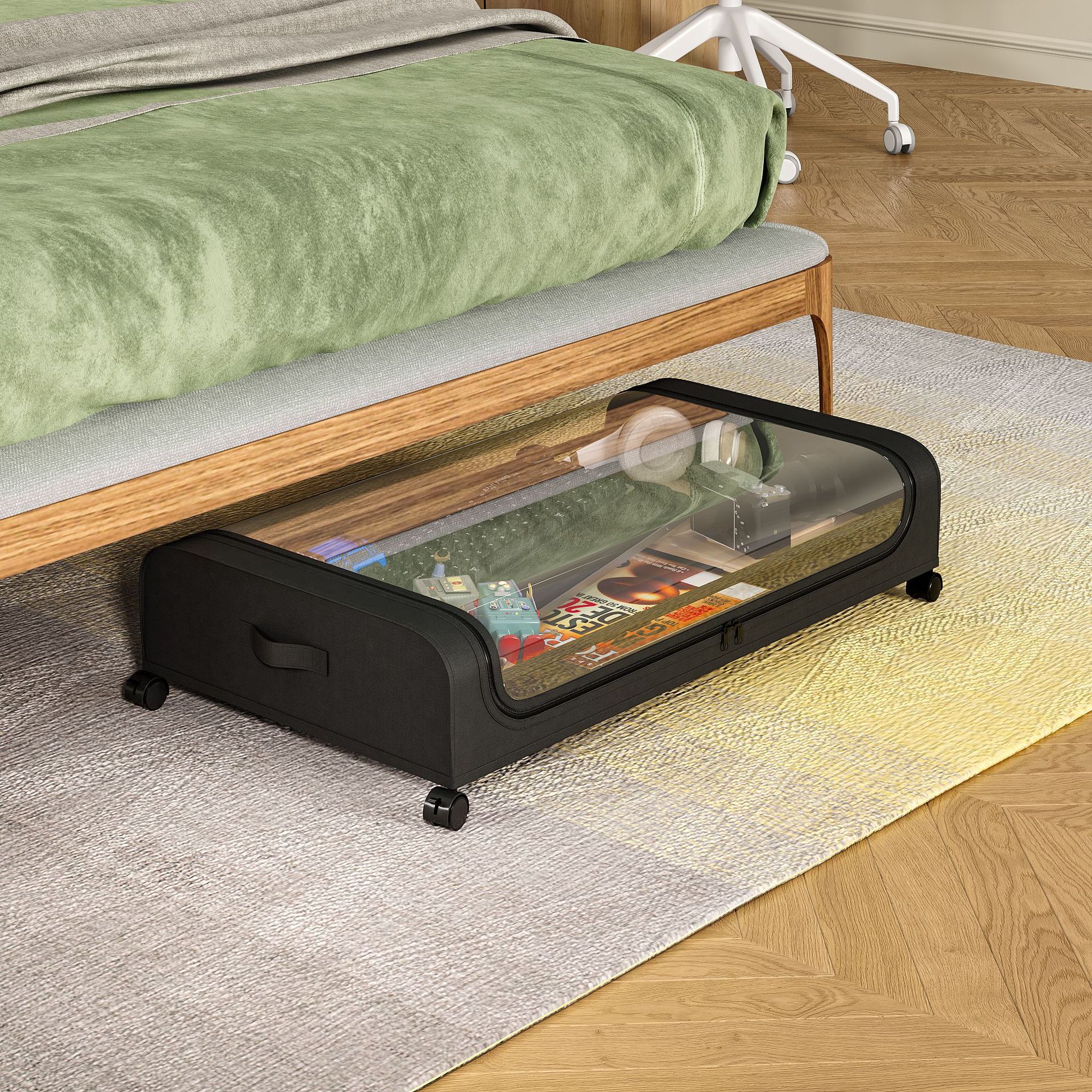 Cross-border Amazon dust-removing household bed under storage rack, sofa under clothes and shoes storage box, pulley organization box Application Scenario