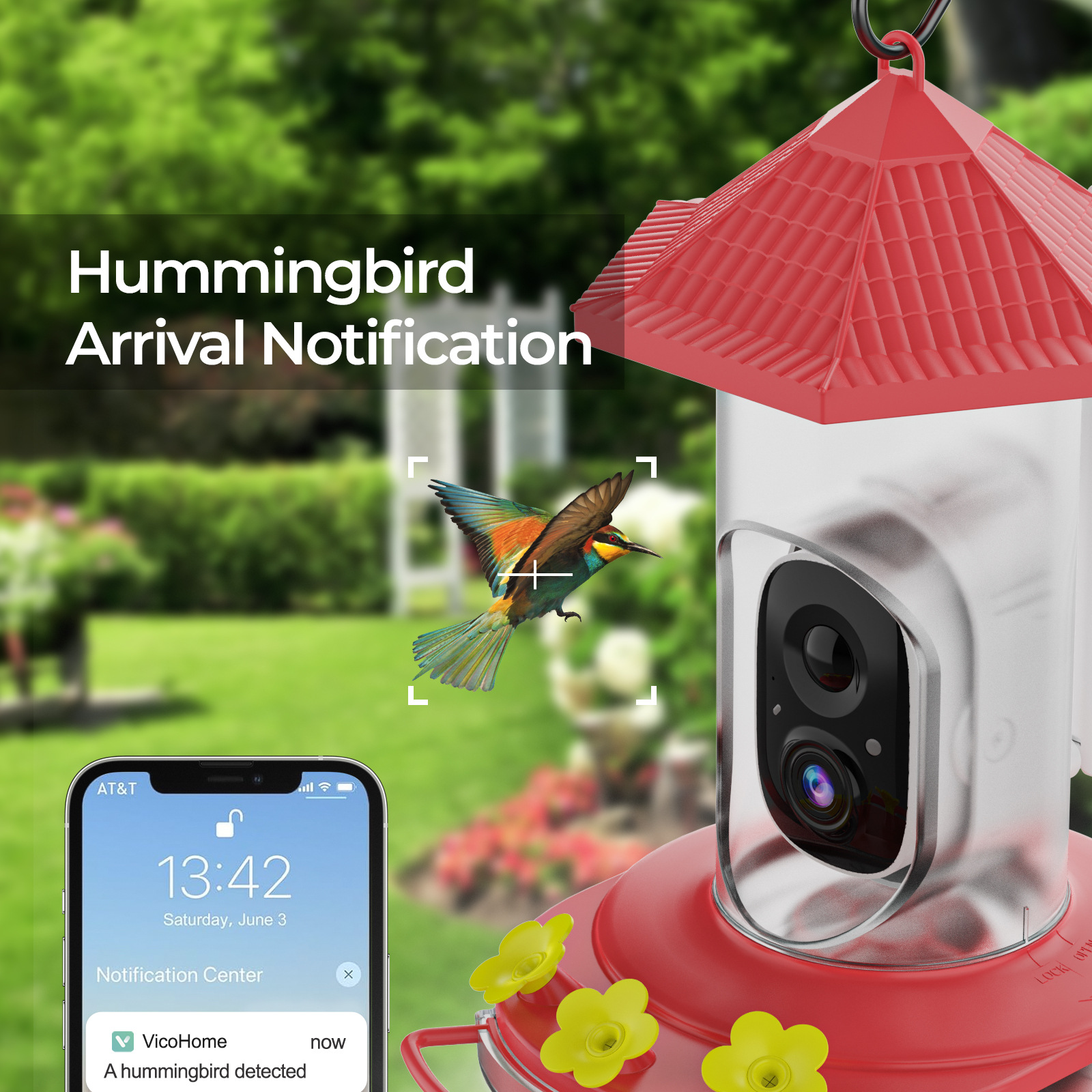 New hummingbird feeder, flower water feeder, AI intelligent with lens, camera, photography, outdoor hanging bird bath