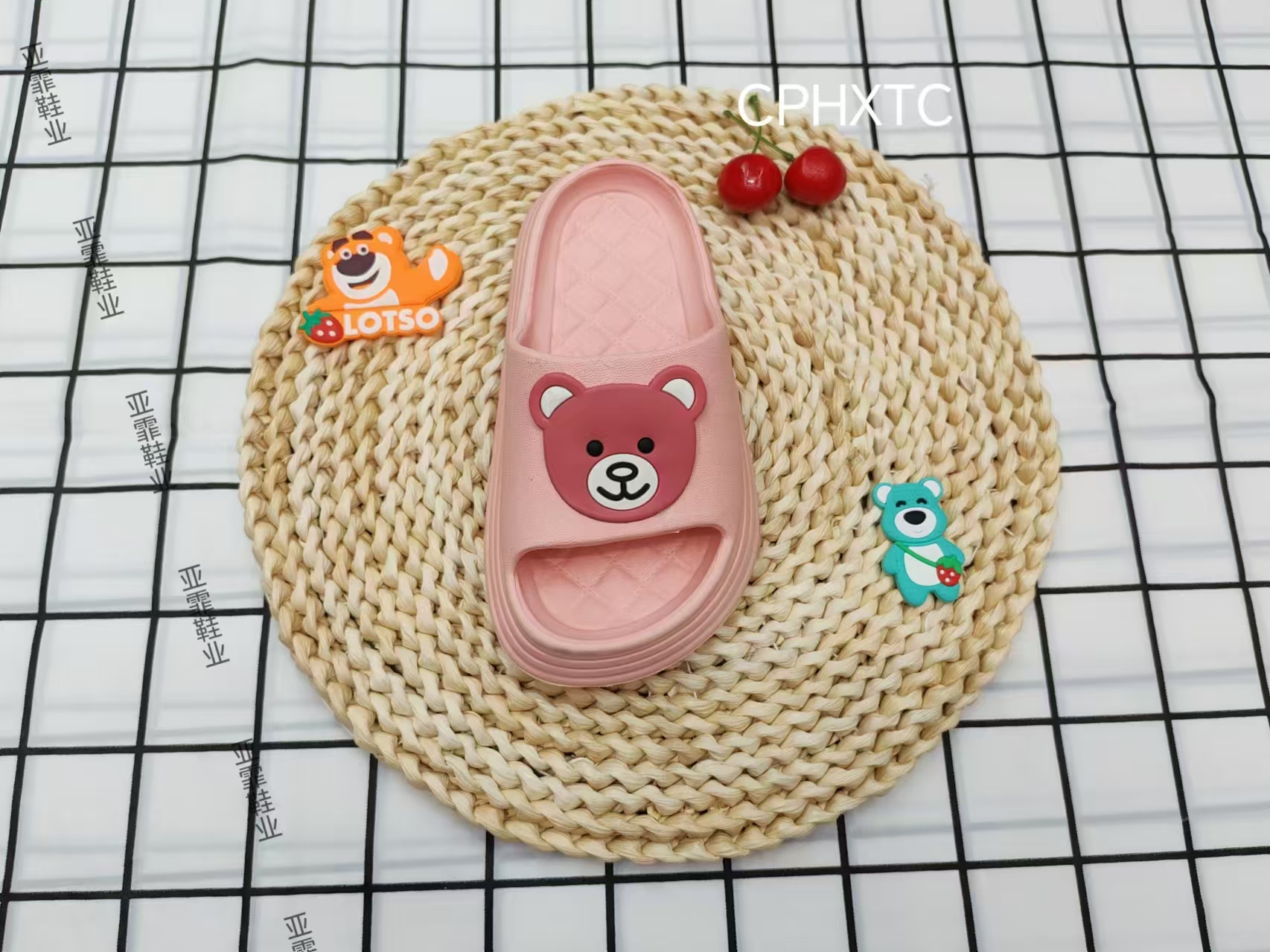 The cute cartoon bear wears flip-flops outside in summer