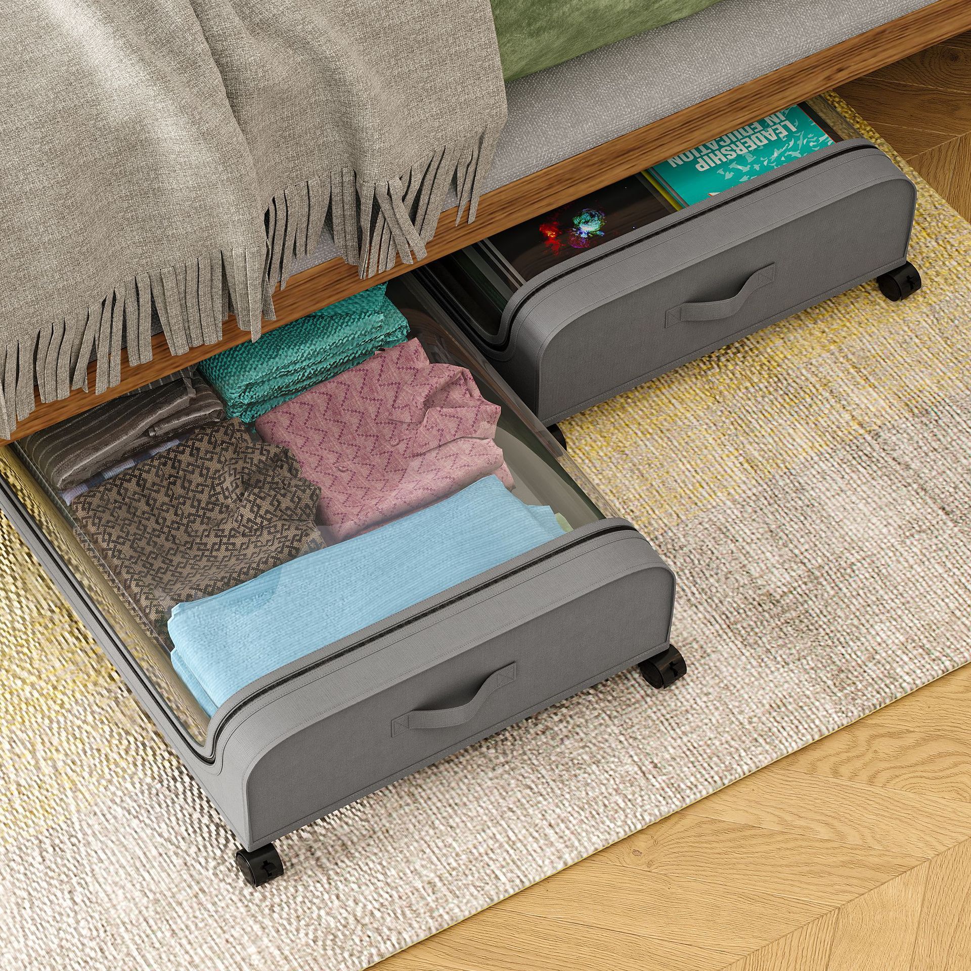 Cross-border Amazon dust-removing household bed under storage rack, sofa under clothes and shoes storage box, pulley organization box Item Picture