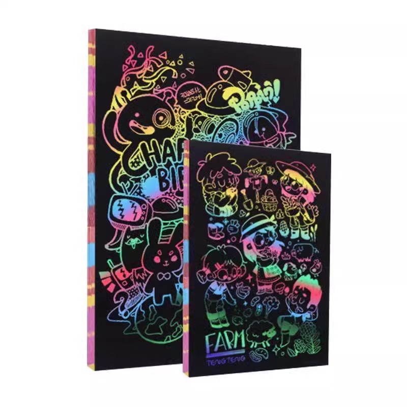 Children's colorful scratch paper a4 scratch paper, primary school students' black scratch wax paper, diy handmade creative doodle book art Item Picture