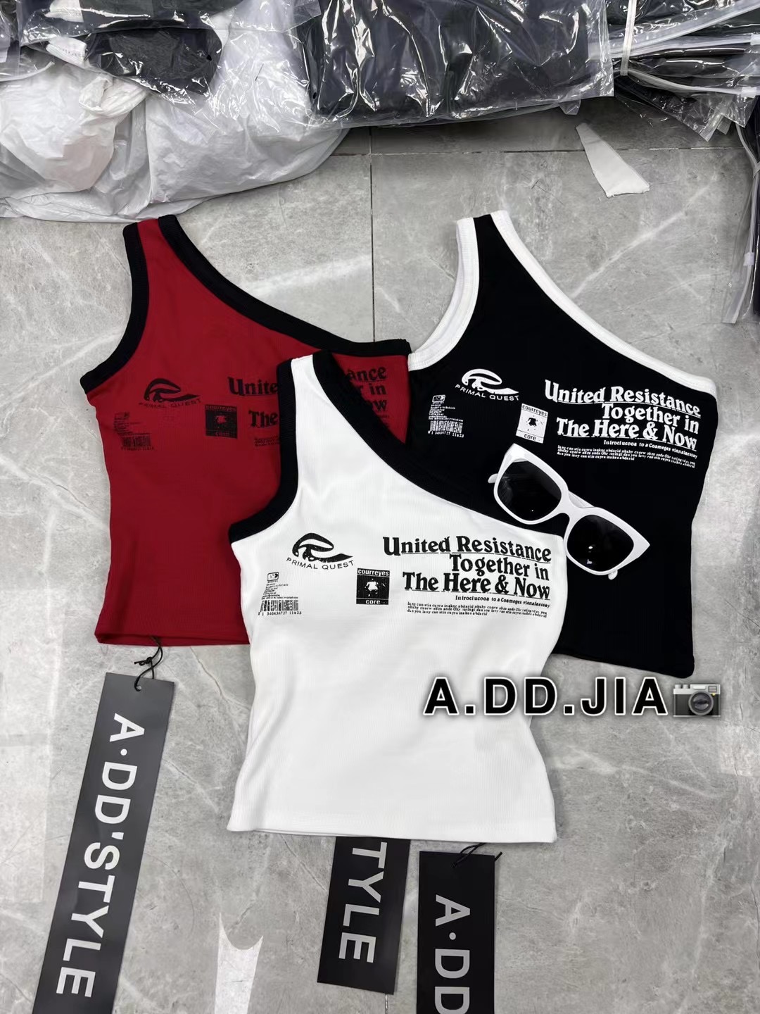 ADD字母印花无袖背心夏季新款韩版性感显瘦斜肩设计感辣妹上衣女