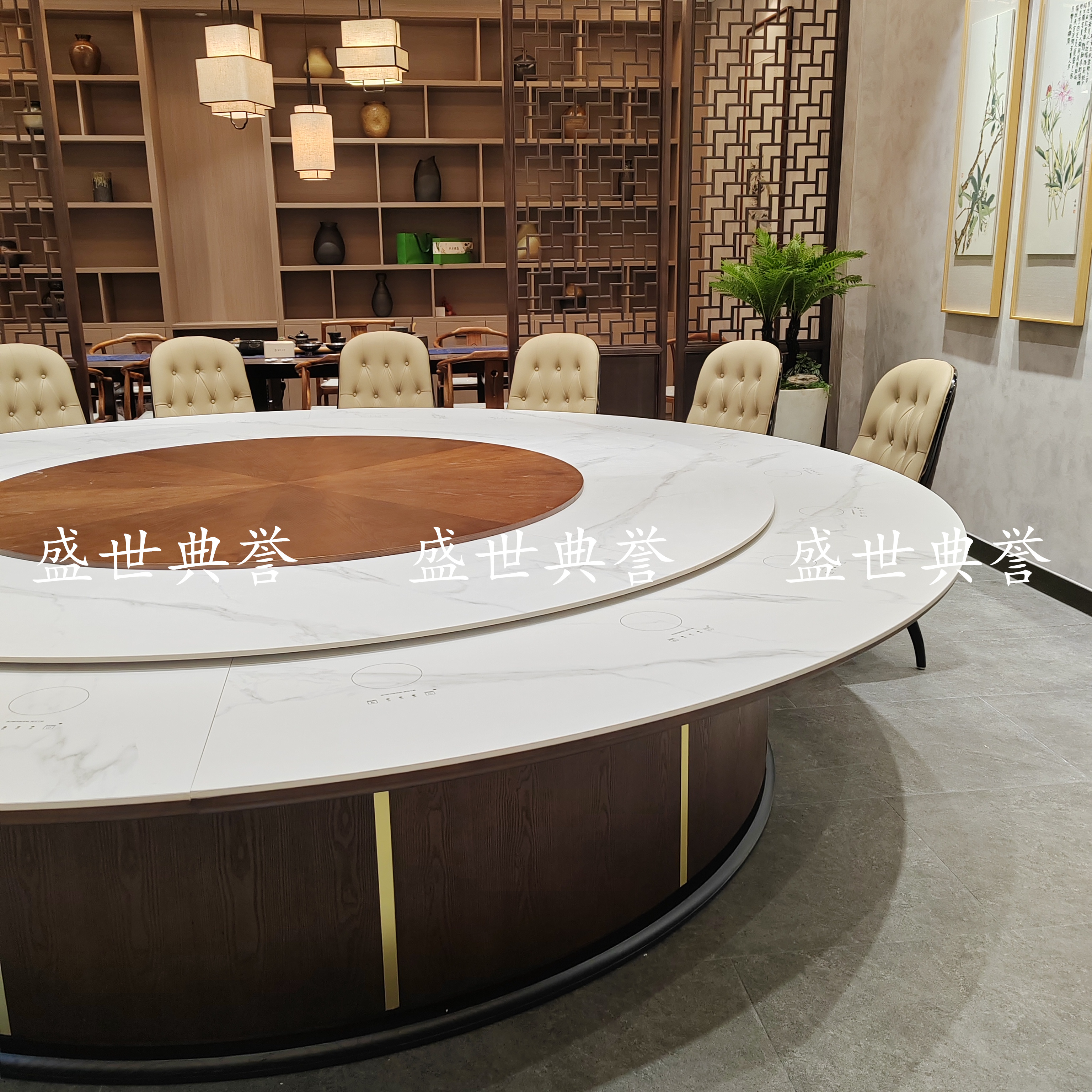 Puyang Banquet Center private room electric dining tables and chairs, star hotel catering furniture, seafood style, large round table made of rock plate