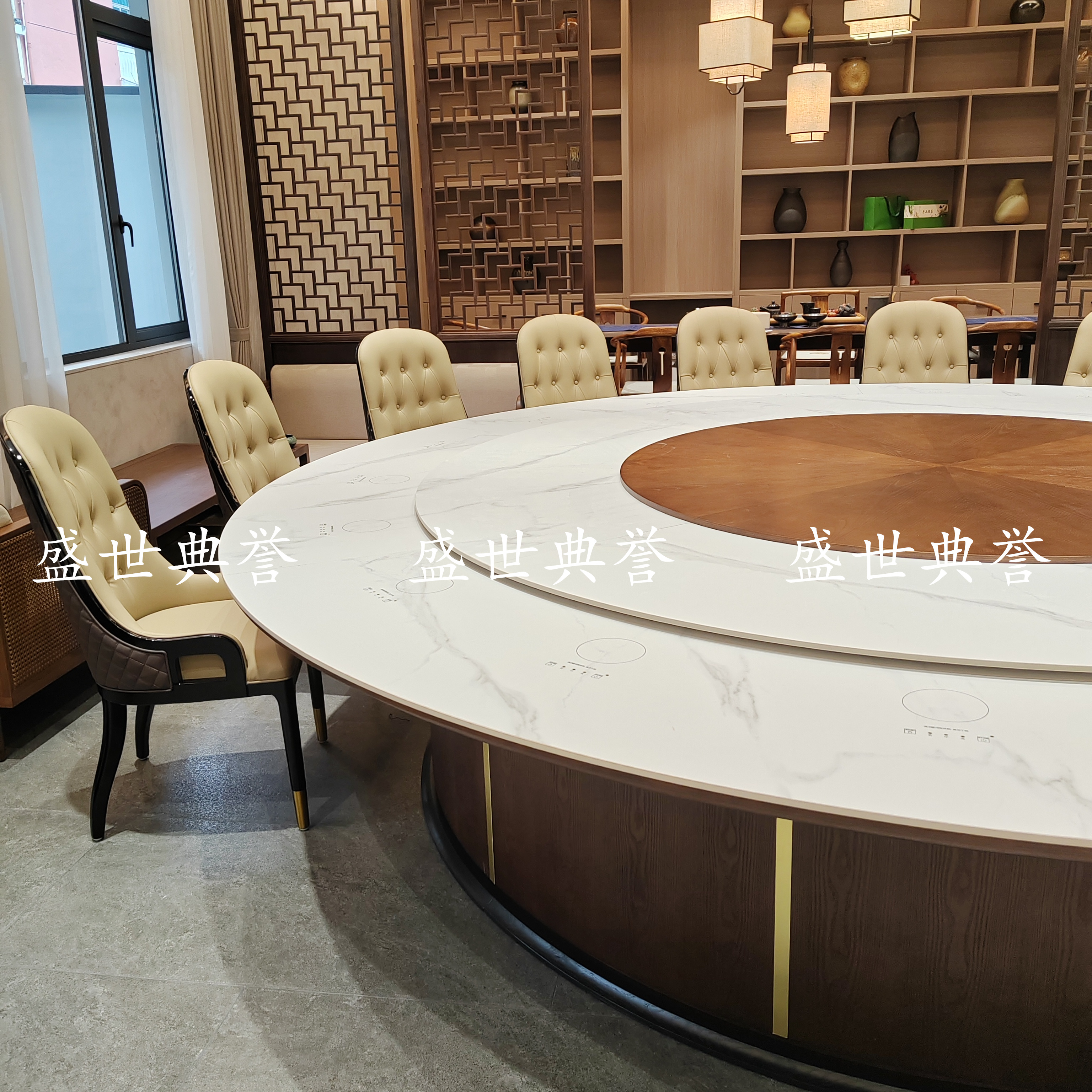 Puyang Banquet Center private room electric dining tables and chairs, star hotel catering furniture, seafood style, large round table made of rock plate details Picture
