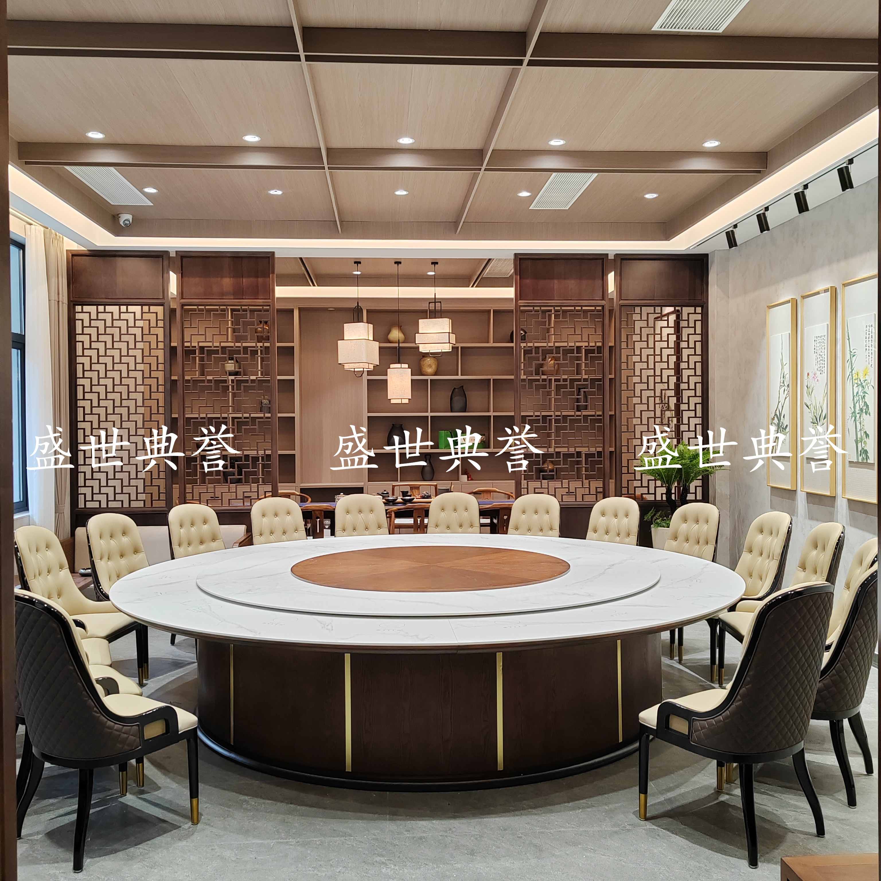 Puyang Banquet Center private room electric dining tables and chairs, star hotel catering furniture, seafood style, large round table made of rock plate Application Scenario