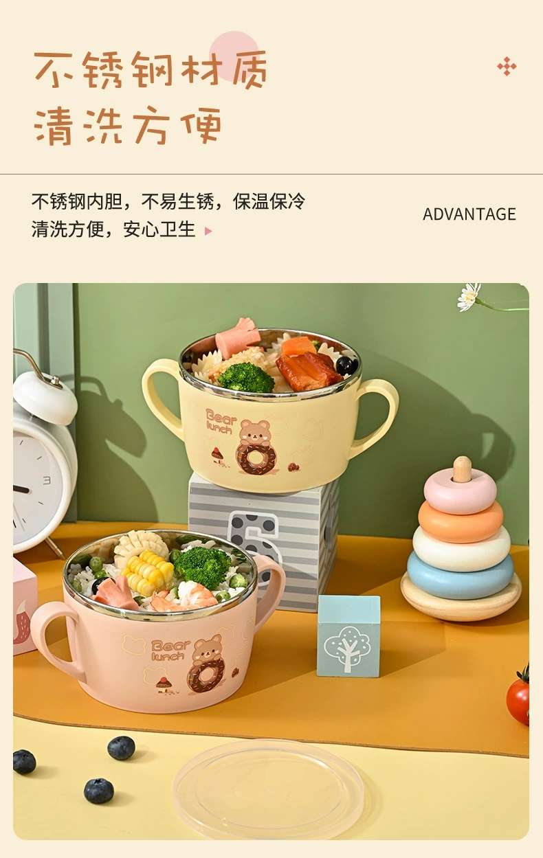 M73-5705简约时尚儿童可爱隔热便当碗带盖圆形卡通印花双耳保鲜盒详情图2