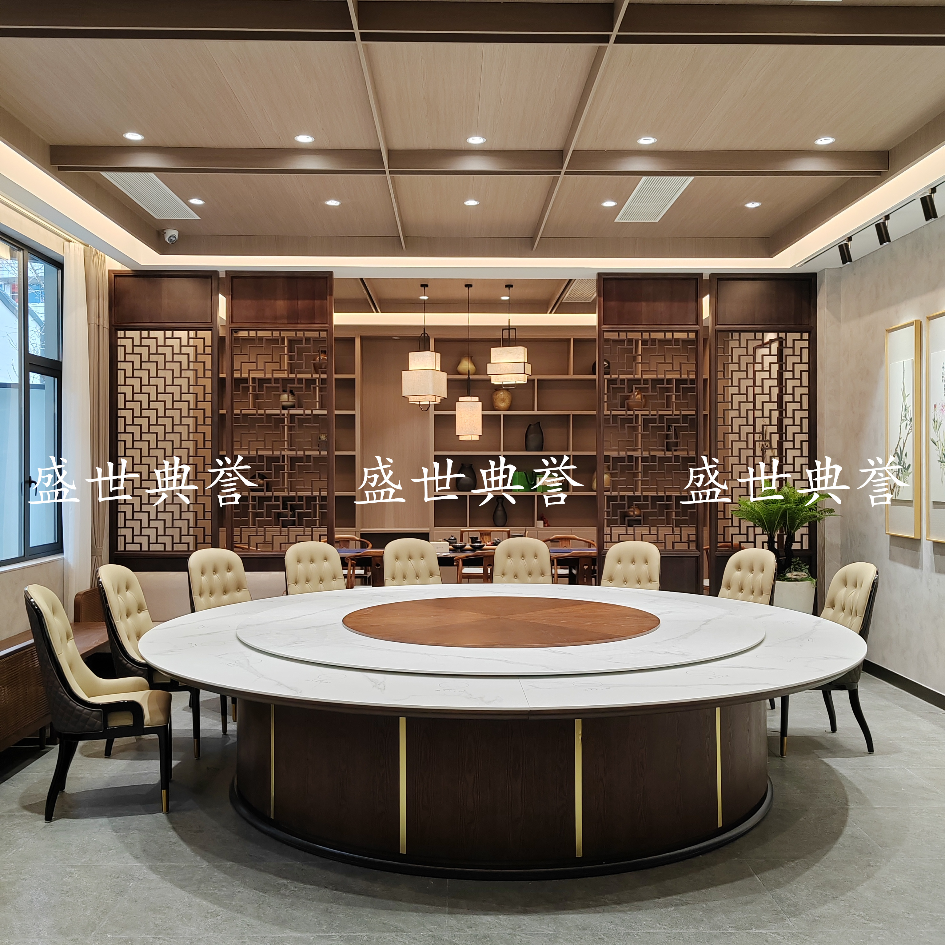 Puyang Banquet Center private room electric dining tables and chairs, star hotel catering furniture, seafood style, large round table made of rock plate Item Picture