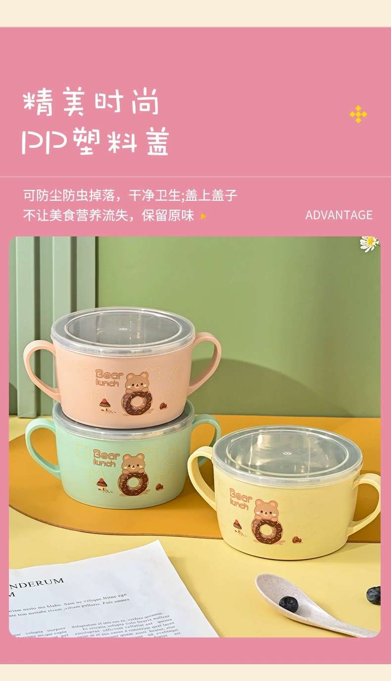 M73-5705简约时尚儿童可爱隔热便当碗带盖圆形卡通印花双耳保鲜盒详情图4