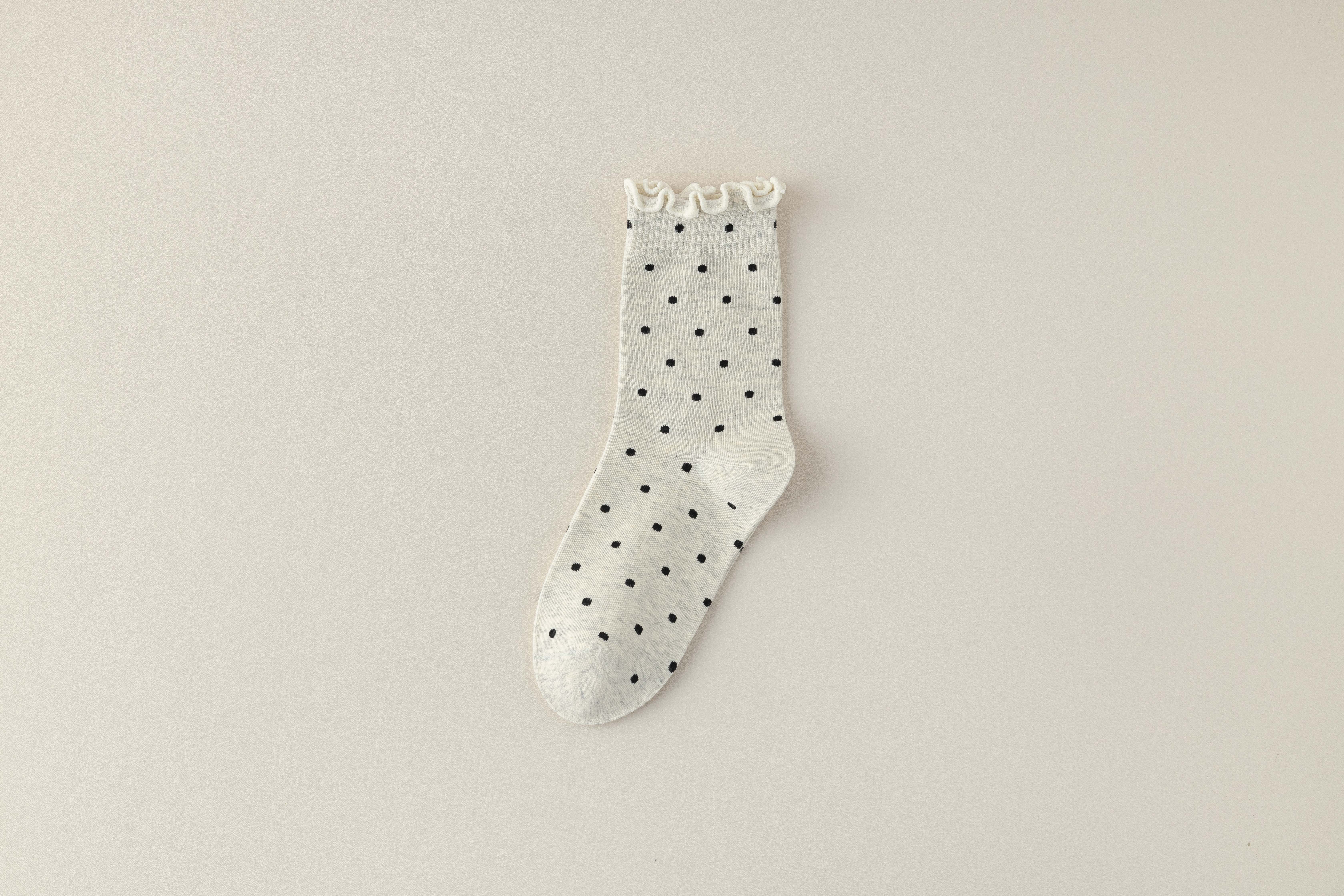 Polka dot socks for women, mid-calf pure cotton summer long socks, Japanese-style black ear-trimmed pile socks, spring and autumn cotton socks with small leather shoes, trendy Item Picture