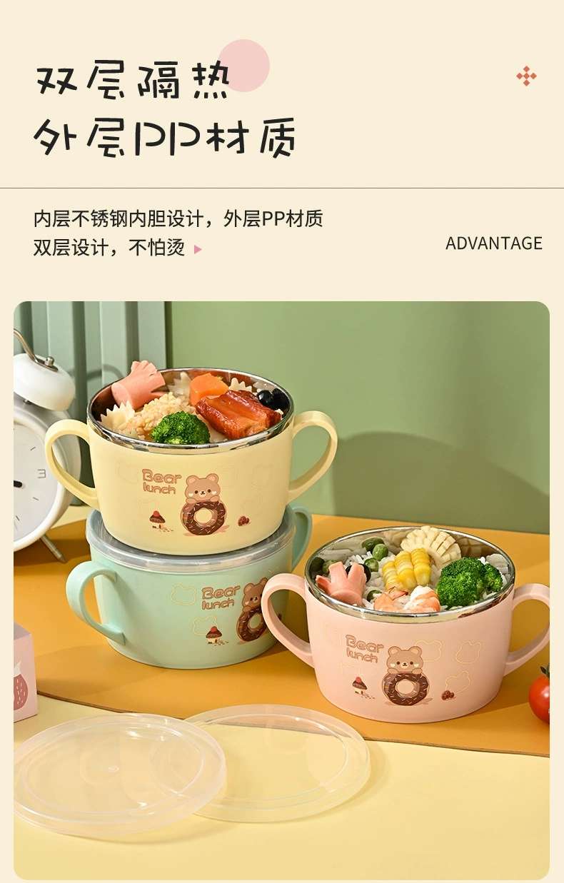 M73-5705简约时尚儿童可爱隔热便当碗带盖圆形卡通印花双耳保鲜盒详情图5