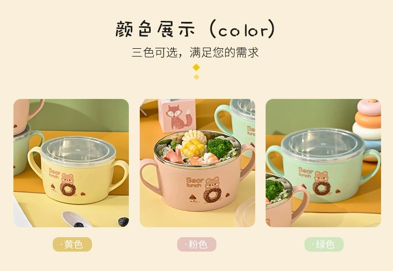 M73-5705简约时尚儿童可爱隔热便当碗带盖圆形卡通印花双耳保鲜盒详情图6