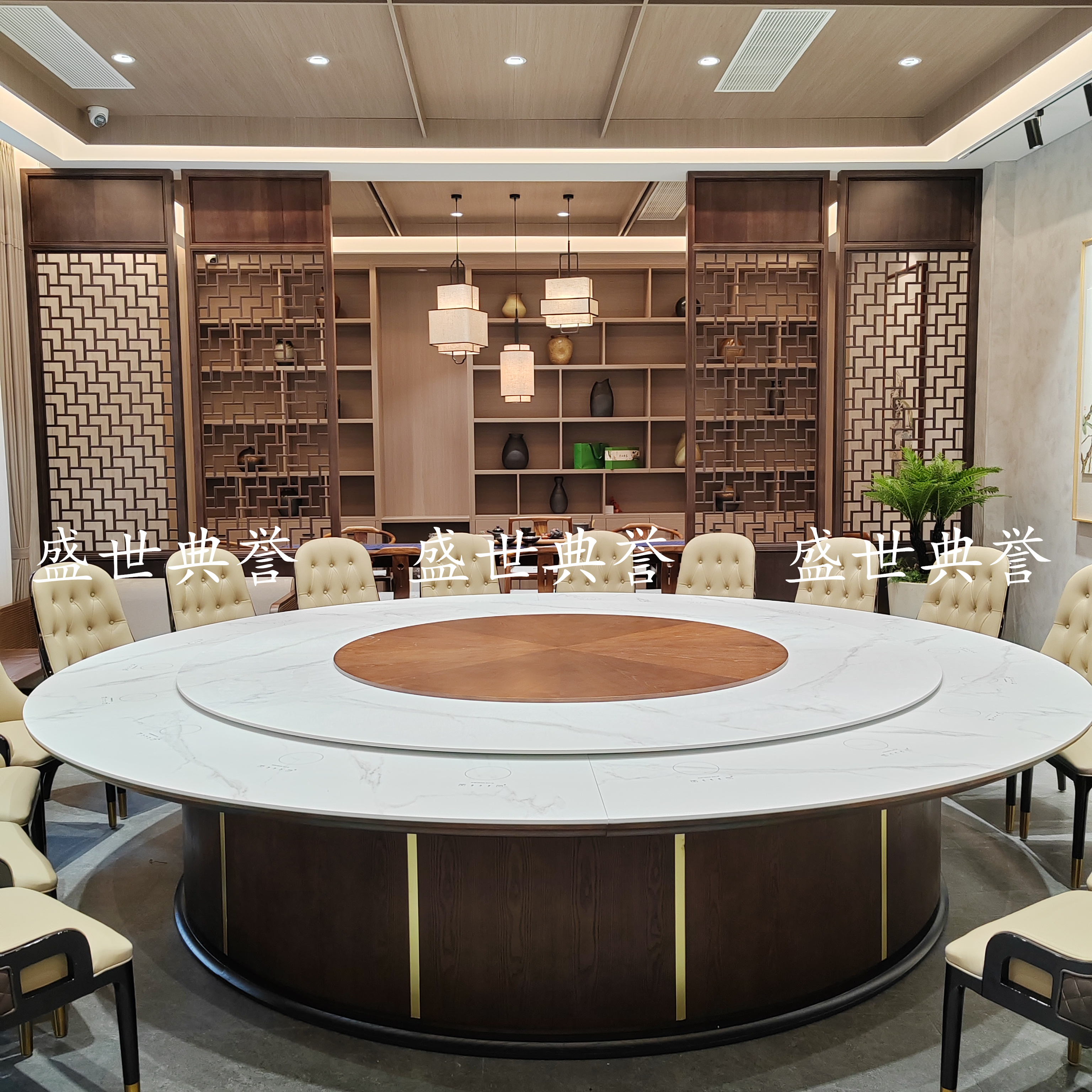 Jiaozuo Resort Hotel solid wood furniture, International hotel private room electric dining table, seafood style, rock plate electric round table
