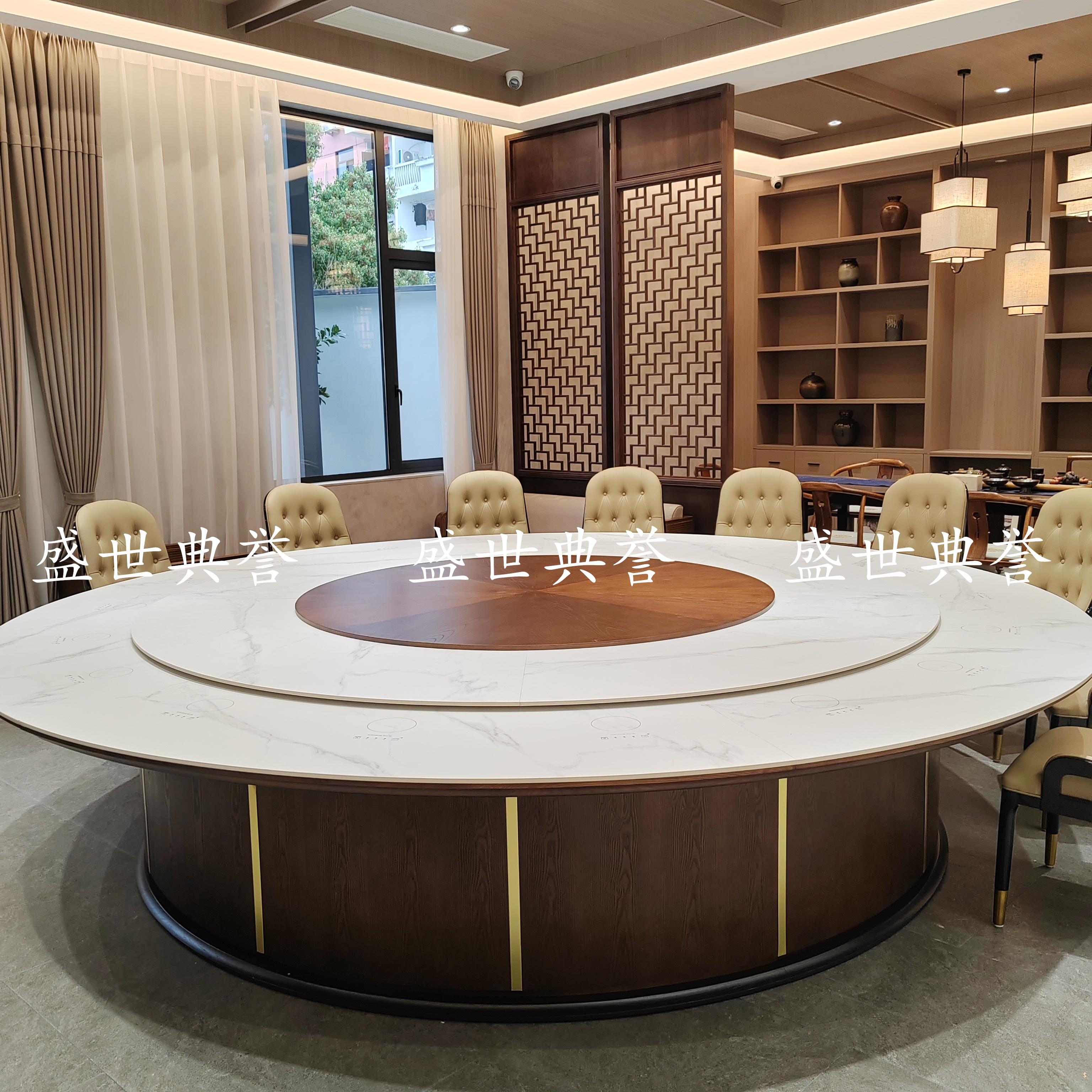 Puyang Banquet Center private room electric dining tables and chairs, star hotel catering furniture, seafood style, large round table made of rock plate Specification image