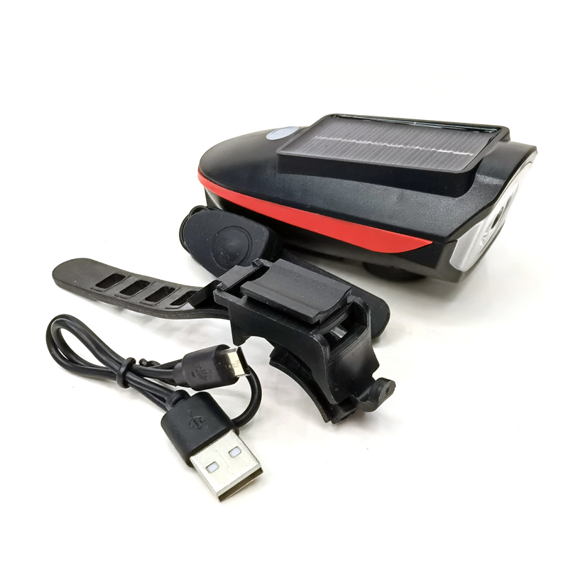 S7599USB rechargeable bicycle solar headlight, horn light, bell, night cycling headlight, bicycle strong light flashlight equipment details Picture