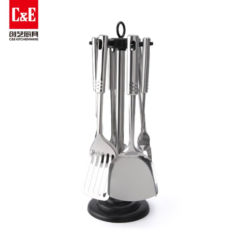 C&E Creative Kitchenware 7-piece set: Stainless steel spatulas, spatulas, soup spoons, meat forks, hollow handle storage rack, kitchenware for home use