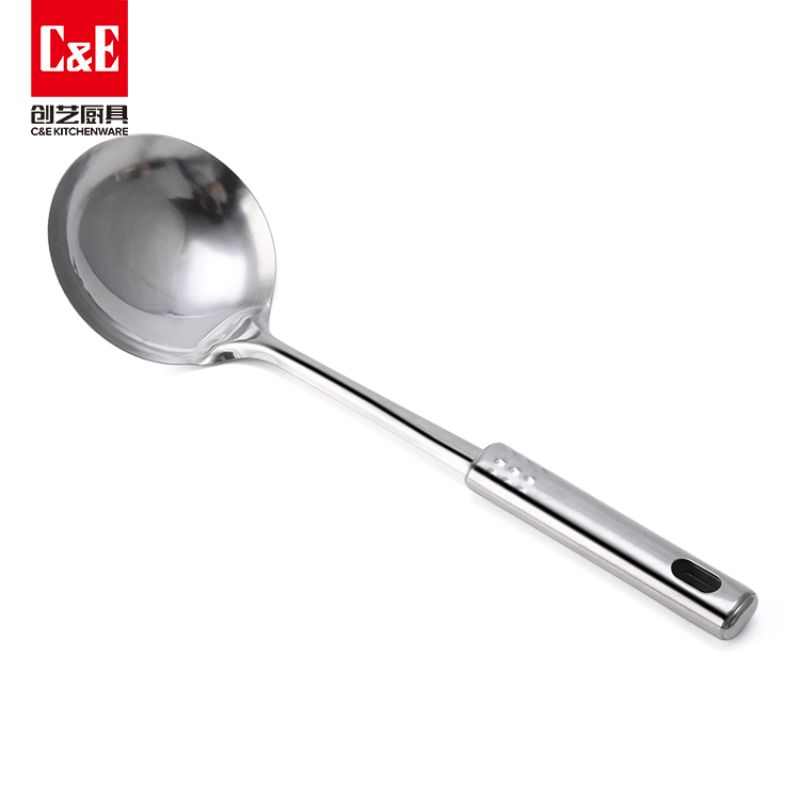 C&E Creative Kitchenware 7-piece set: Stainless steel spatulas, spatulas, soup spoons, meat forks, hollow handle storage rack, kitchenware for home use Specification image