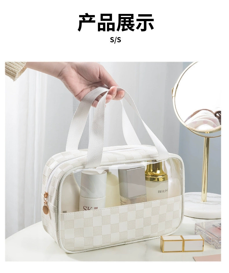 PU checkered cosmetic bag, large-capacity portable travel storage bag, European-style waterproof light luxury high-quality transparent toiletry bag detail image 4