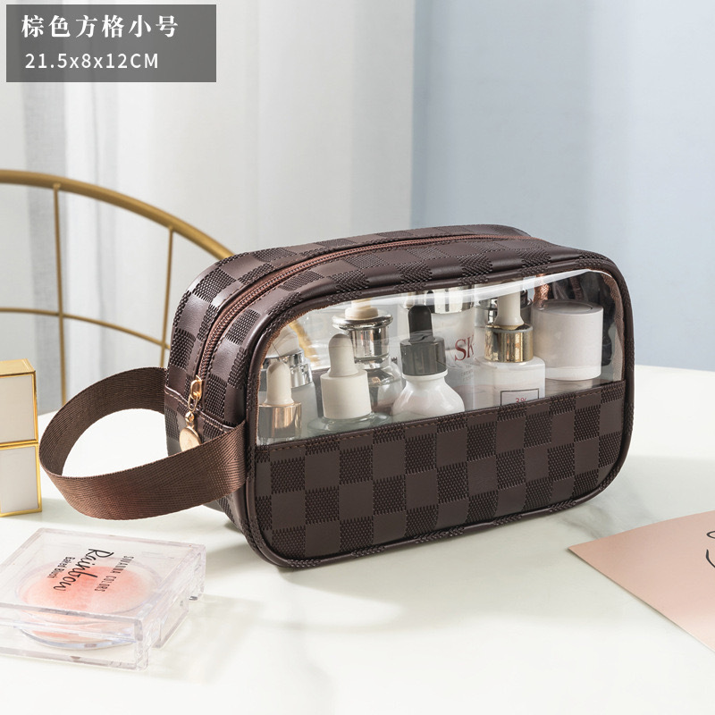 PU checkered cosmetic bag, large-capacity portable travel storage bag, European-style waterproof light luxury high-quality transparent toiletry bag detail image 9