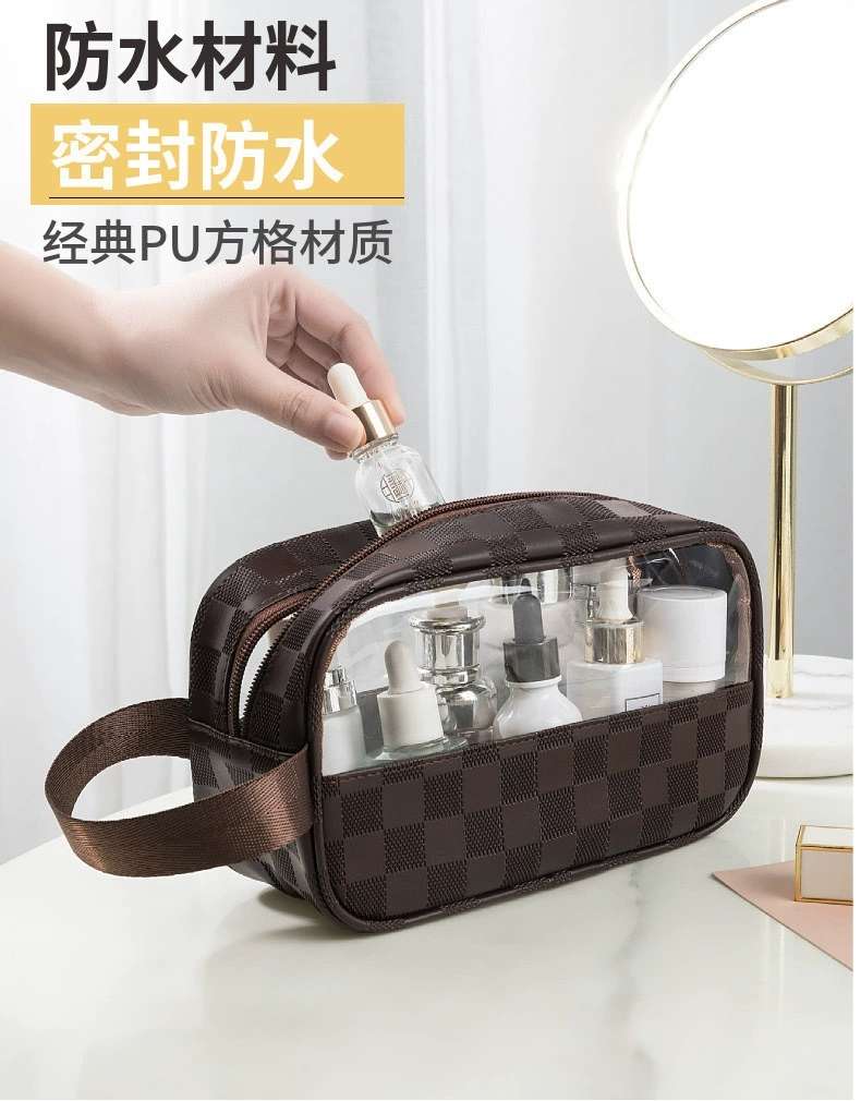 PU checkered cosmetic bag, large-capacity portable travel storage bag, European-style waterproof light luxury high-quality transparent toiletry bag detail image 8