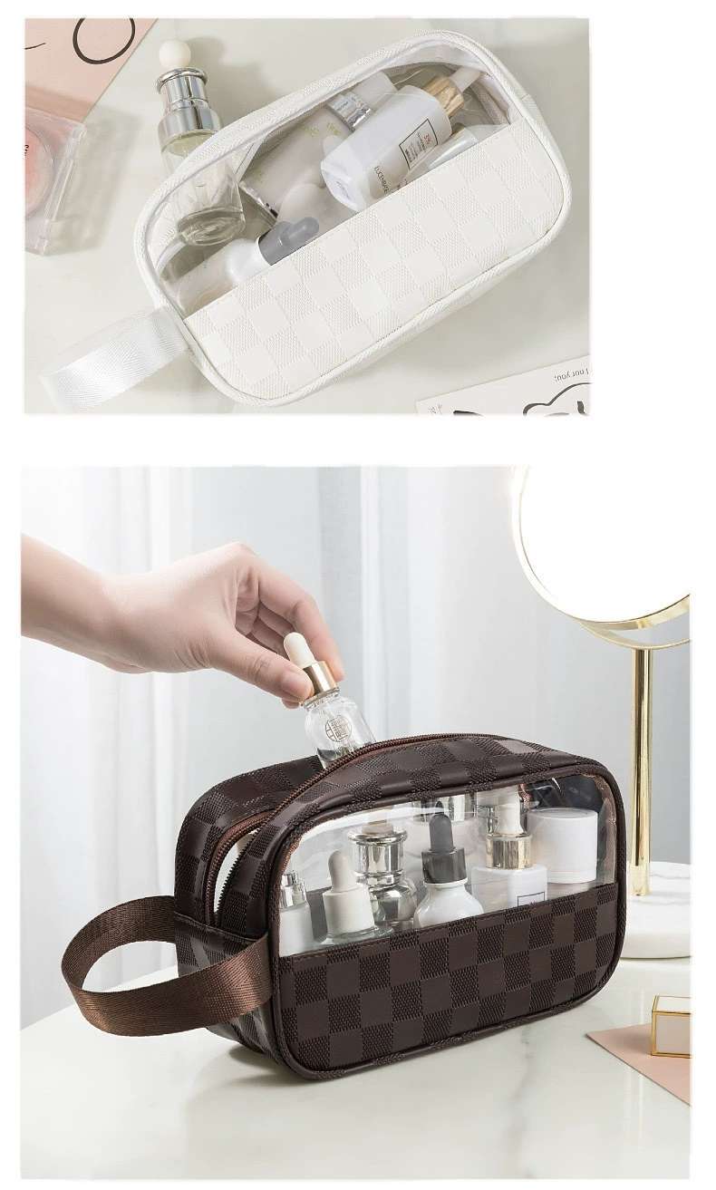 PU checkered cosmetic bag, large-capacity portable travel storage bag, European-style waterproof light luxury high-quality transparent toiletry bag detail image 3