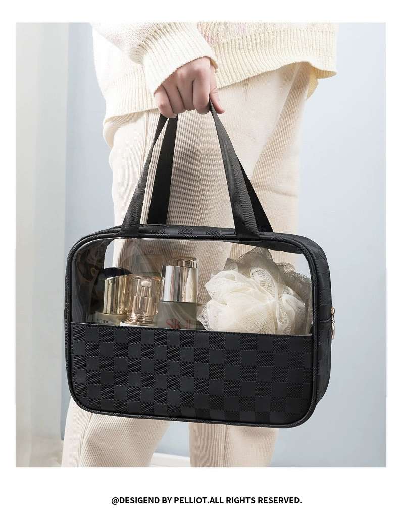 PU checkered cosmetic bag, large-capacity portable travel storage bag, European-style waterproof light luxury high-quality transparent toiletry bag detail image 5