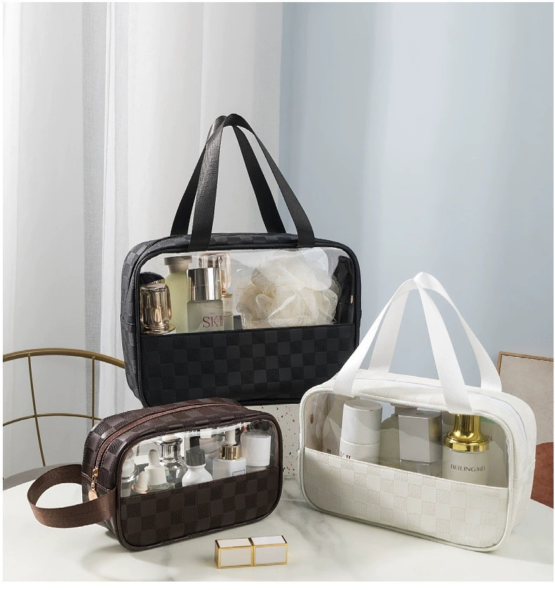 PU checkered cosmetic bag, large-capacity portable travel storage bag, European-style waterproof light luxury high-quality transparent toiletry bag