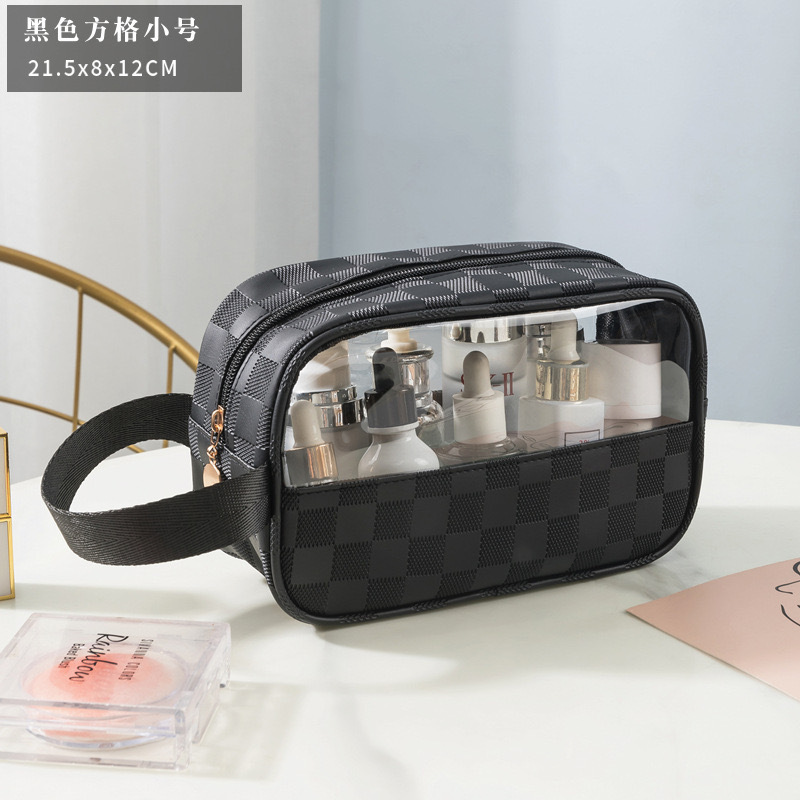 PU checkered cosmetic bag, large-capacity portable travel storage bag, European-style waterproof light luxury high-quality transparent toiletry bag Item Picture